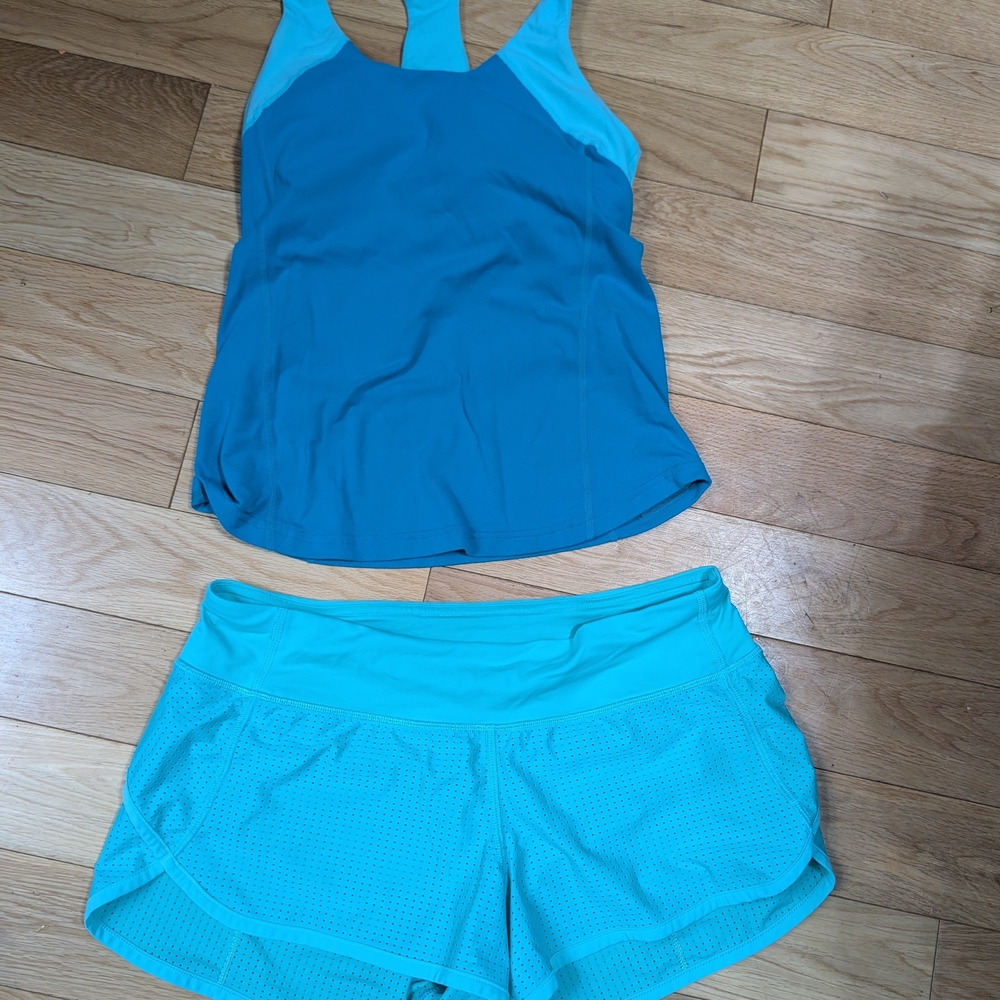 lululemon athletica Speed Shorts Blue Ocean And Two Tone Teal Racer Back Tank 6